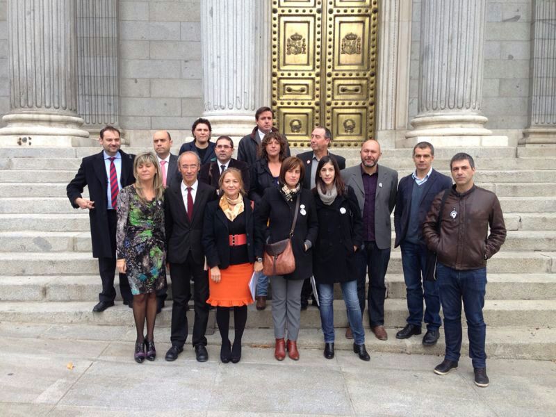 A las puertas del Congreso, representantes de la Unió de Periodistes Valencians y del Comité de Empresa de RTVV, junto a varios diputados. Foto: Unió de Periodistes Valencians